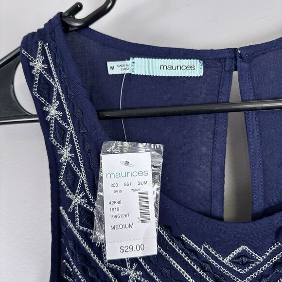 New Maurices Tank Top Size Medium Navy Blue Embroidered Swing Shirt Blouse - Picture 3 of 5